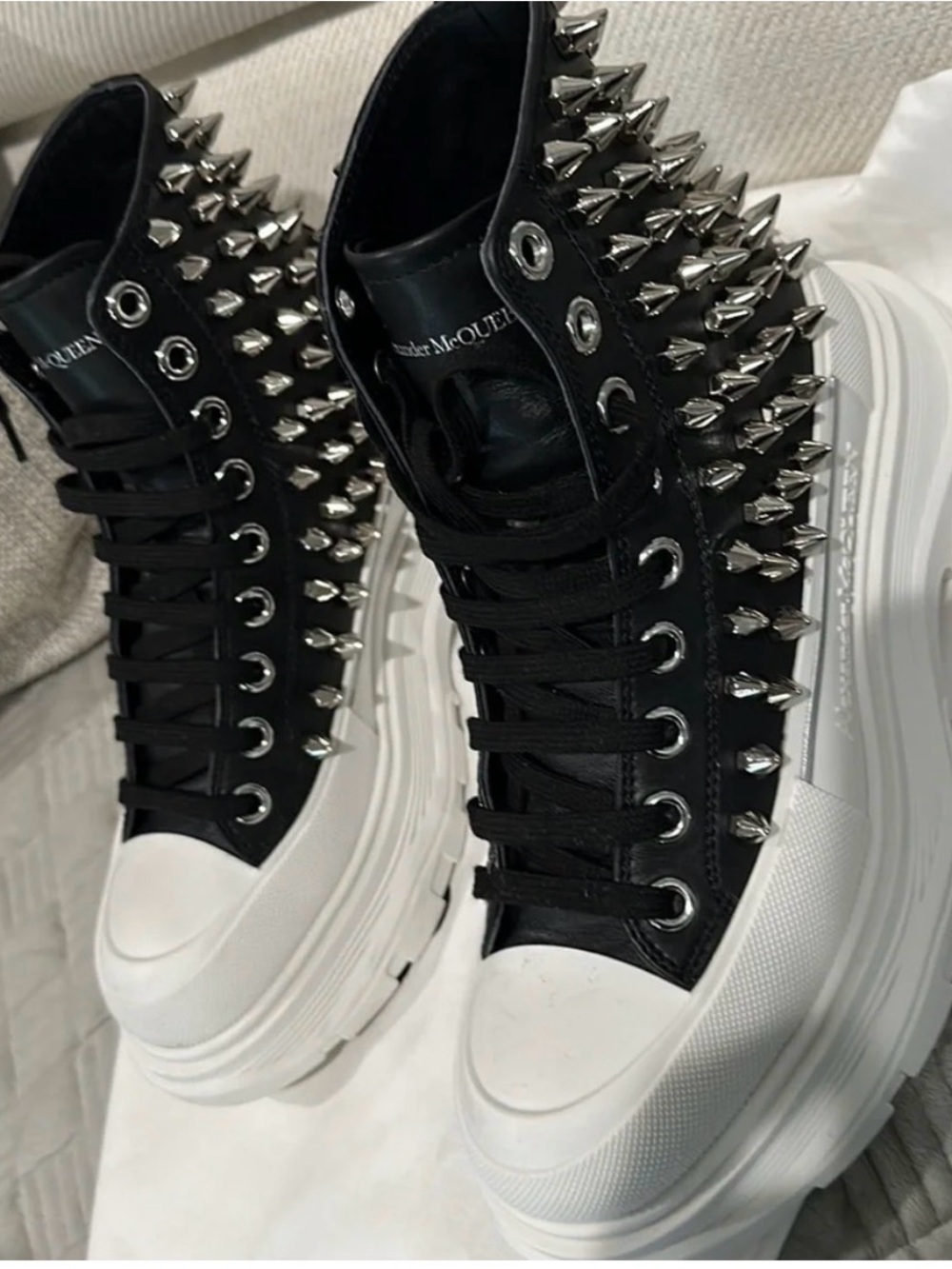 Alexander McQueen Black Leather High-Top Spike Platform Sneakers